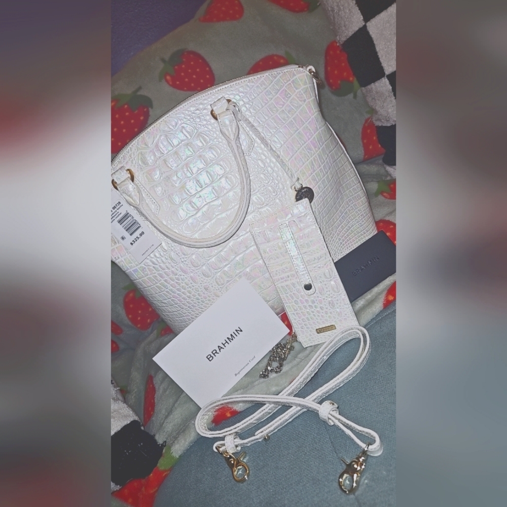 Milk holographic Brahmin satchel with matching wallet!